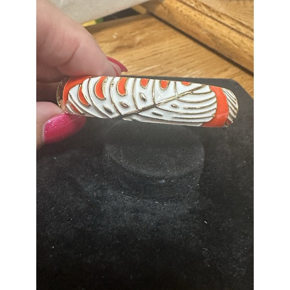 Sequin Nordstrom Orange Palm Leaf Gold Tone Statement Enamel Hinge Bracelet #102